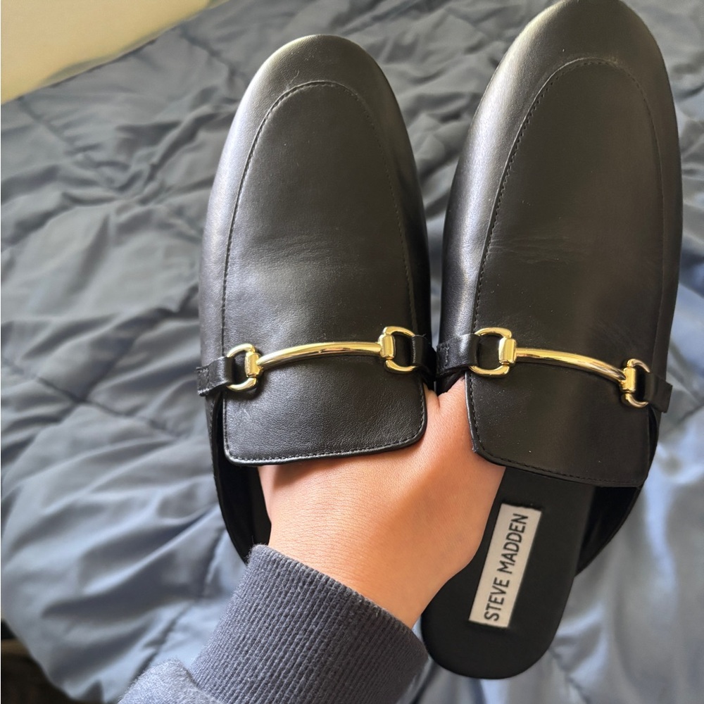 Steve Madden Black Loafers with Gold Accent